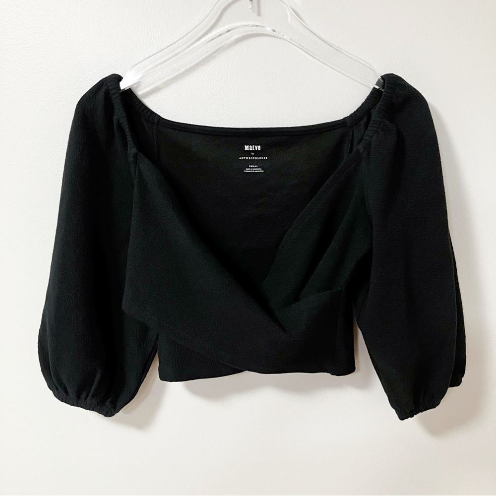 Maeve | Black Cross Front Puff Sleeve Crop Top S Boho Minimalist Whimsigoth